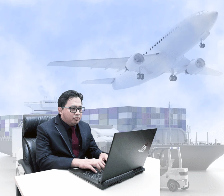 Konsultan EximPRO bekerja dengan laptop, pesawat kargo dan pelabuhan kontainer